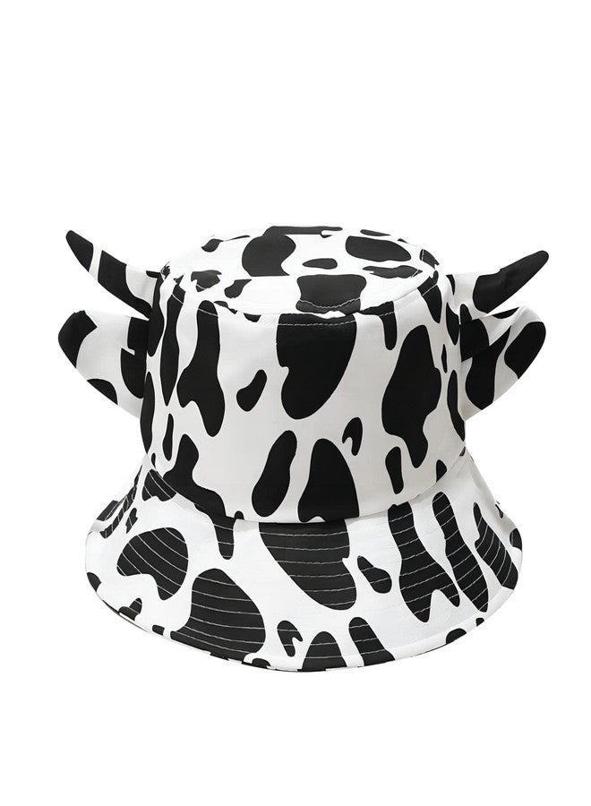QANQIUPLE Cow Print Bucket Hat with Cute Horn Ears, Stylish Unisex Design, Breathable Fabric, All Seasons Sun Protection White - Image 1